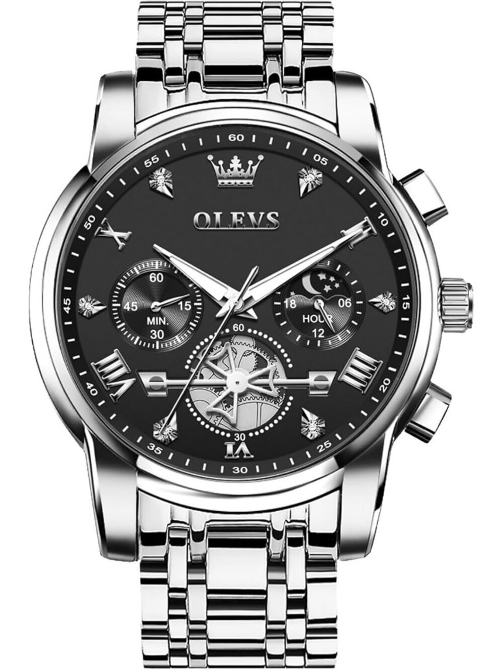Men's Silver-Black Stainless Steel Waterproof Big Face Multifunction Wrist Watch